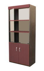Un archivador, armario y estantería con un diseño moderno de gabinetes llenan el espacio interior con muebles funcionales y almacenamiento.
